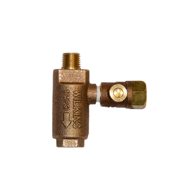 Front three-quarter view of Wilkins ZWFR 1/4-inch freeze relief valve in low-lead bronze showing male NPT threads and compact body.