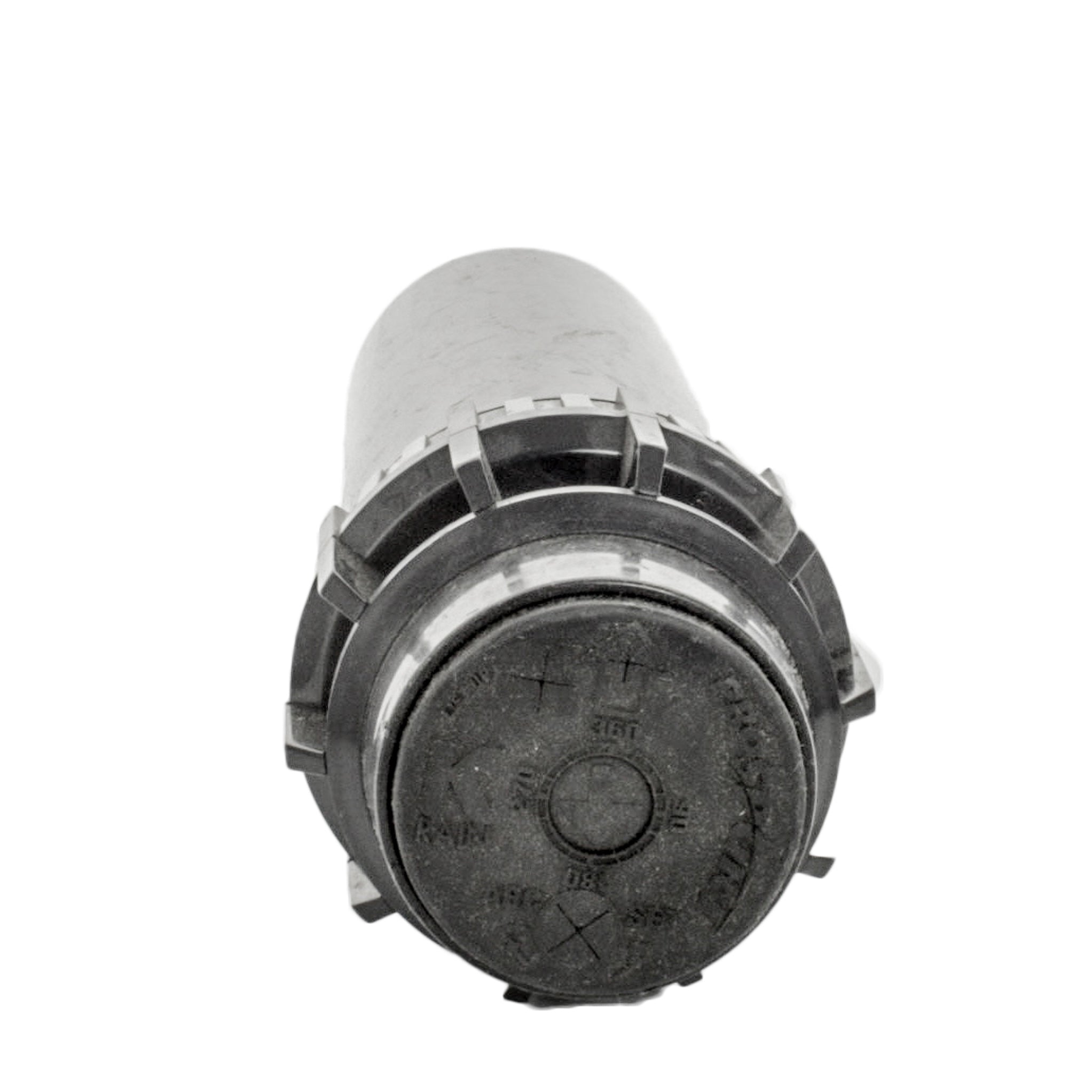 Side view of K-Rain ProSport 14003 gear-driven rotor highlighting arc adjustment markings, rubber cover, and nozzle turret assembly