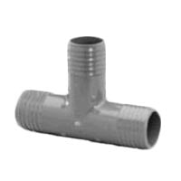 Gray Lasco 1401-012 PVC insert tee, 1-1/4 in., showing three barbed insert ends for irrigation and polyethylene tubing connections, front view.