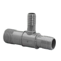 Red poly insert reducing tee (1-1/2" x 1-1/4" x 1") on white background, showing barbed insert ends and overall tee profile for irrigation use.