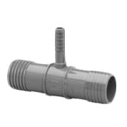 Gray PVC barbed insert reducing tee 1-1/2" x 1-1/2" x 3/4", showing barbed ends and reducing center branch for poly tubing.
