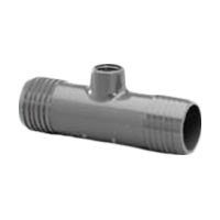 Poly combo reducing tee model 1402-101, two 3/4-inch insert ends and one 1/2-inch FIPT, black poly irrigation fitting, front angle view