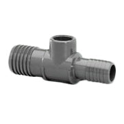 Photograph of a poly combo reducing tee (1" to 3/4"), showing both insert connection sockets and the female iron pipe thread (FIPT) clearly.