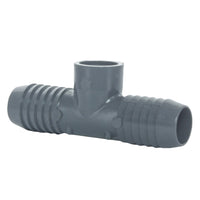 Front view of Lasco 1402-130 PVC combo reducing tee showing two 1-inch insert barbs and the 1/2-inch female pipe thread outlet.