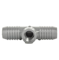 Angled close-up of Lasco 1402-130 illustrating the barbed insert connection, wall thickness, and threaded outlet detail.