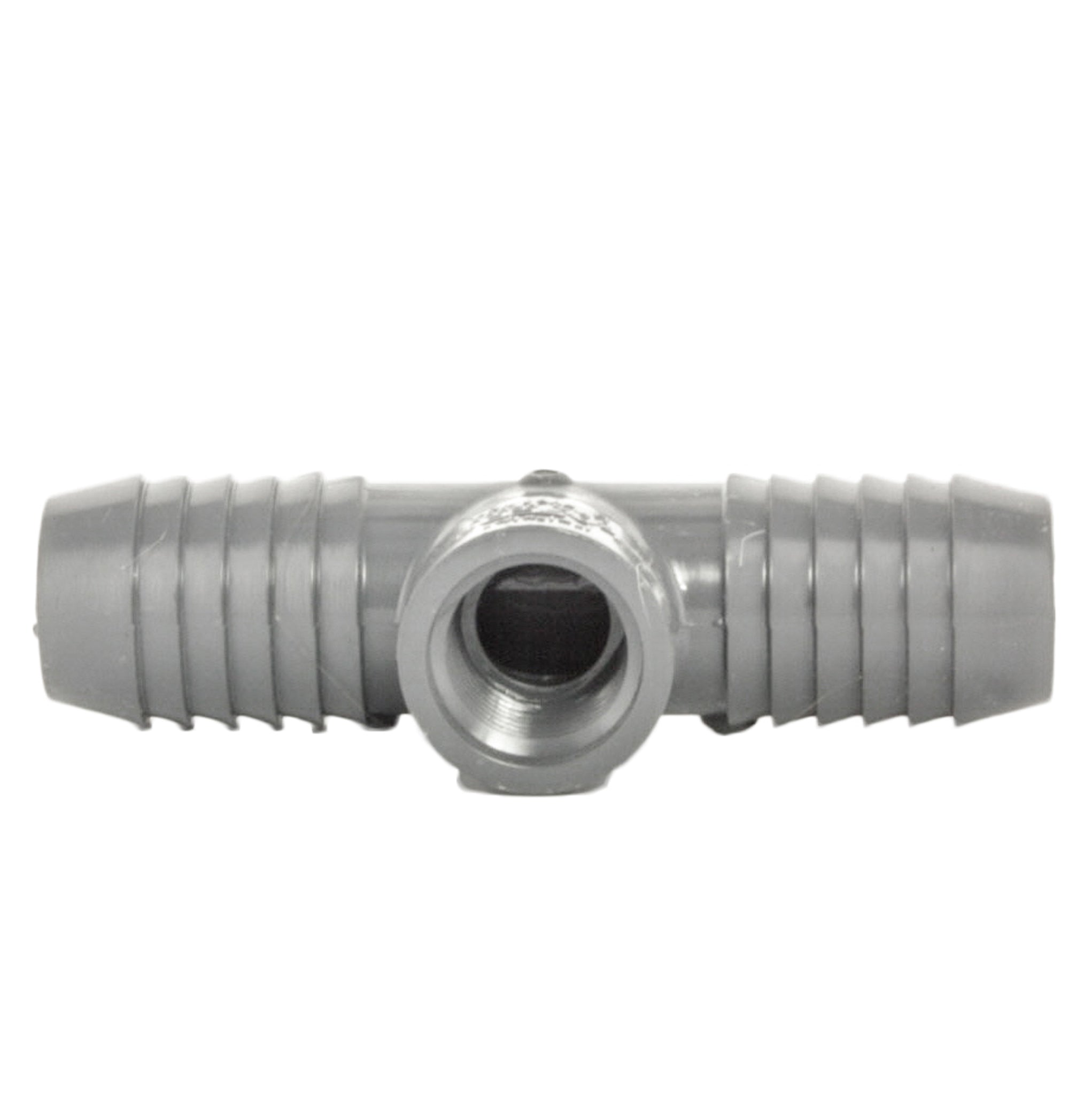 Angled close-up of Lasco 1402-130 illustrating the barbed insert connection, wall thickness, and threaded outlet detail.