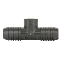 Side view of Lasco 1402-130 PVC tee highlighting the two insert ends and the central 1/2-inch FPT threaded branch.