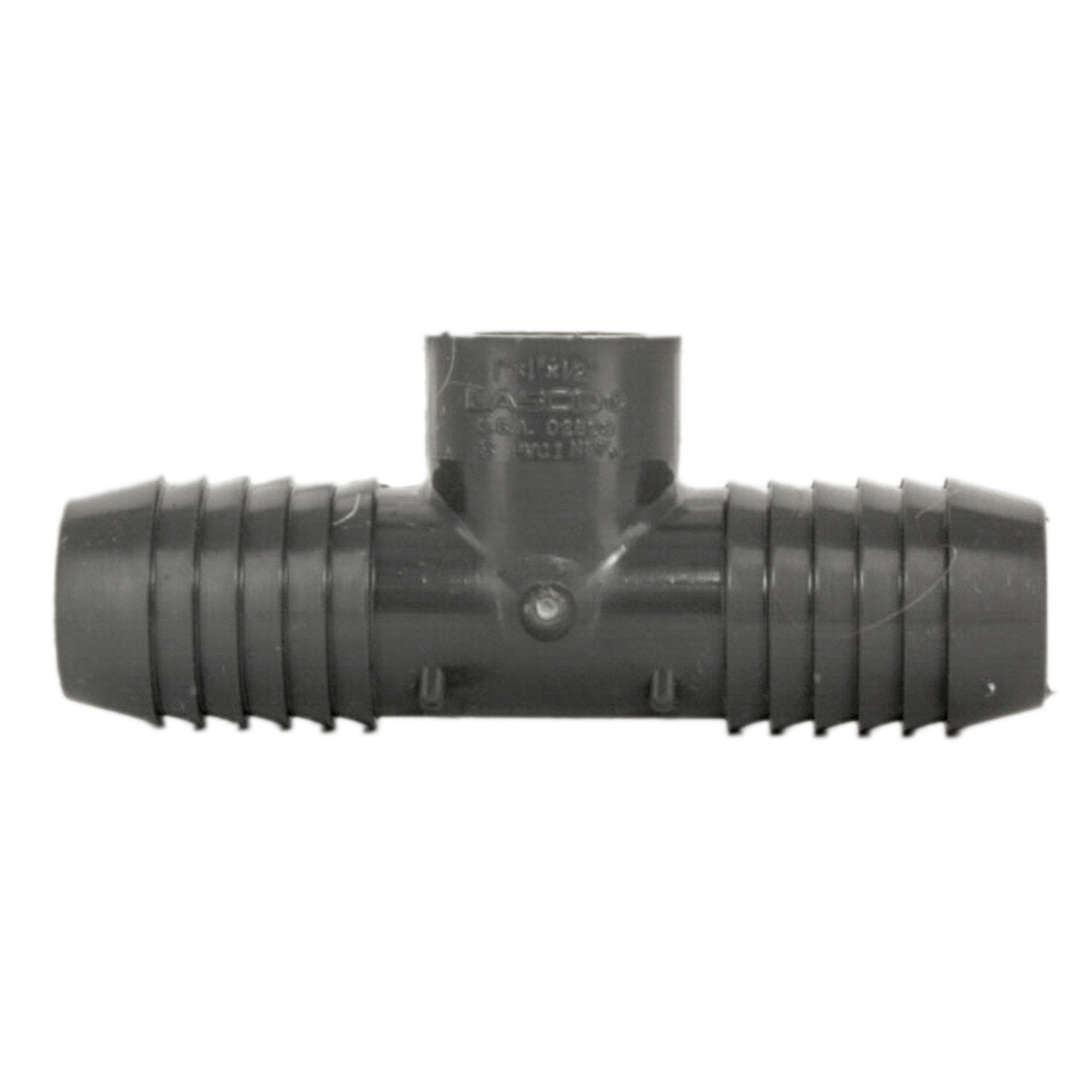 Side view of Lasco 1402-130 PVC tee highlighting the two insert ends and the central 1/2-inch FPT threaded branch.