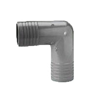 Gray 90-degree 1/2-inch PVC insert elbow fitting on white background with barbed insert ends for joining 1/2-inch poly tubing in irrigation systems.