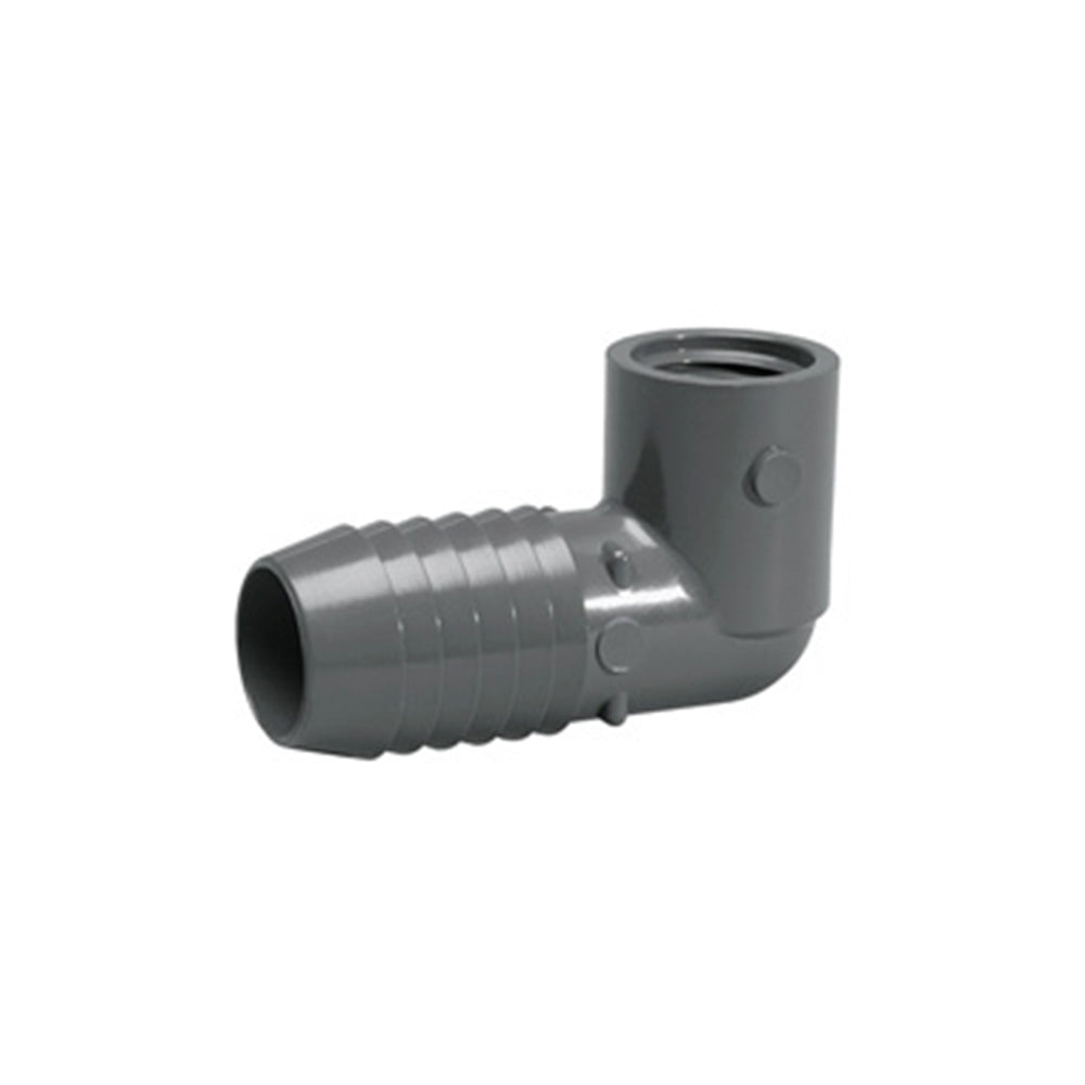 Angle view of 1" x 1/2" poly combo reducing elbow (Insert x 1/2" FIPT) showing threaded FIPT end and insert connection.