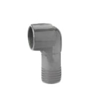Close-up of Lasco 1407-020 2-inch PVC combination 90° elbow showing insert/barb end and 2-inch female pipe-thread connection on white background.