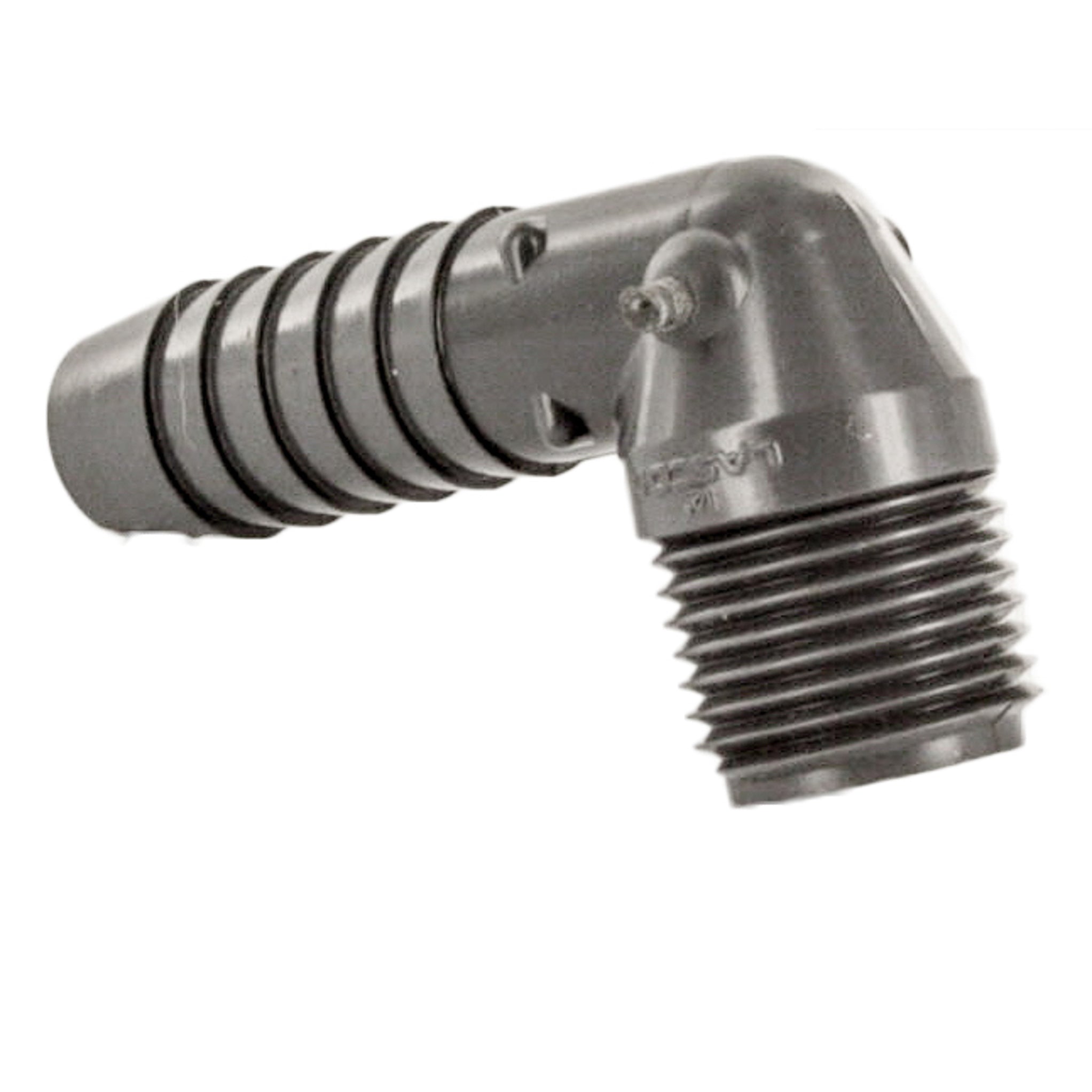 Side angle close-up of 3/4-inch Insert x MIPT combination elbow showing barbed insert and male threaded outlet.