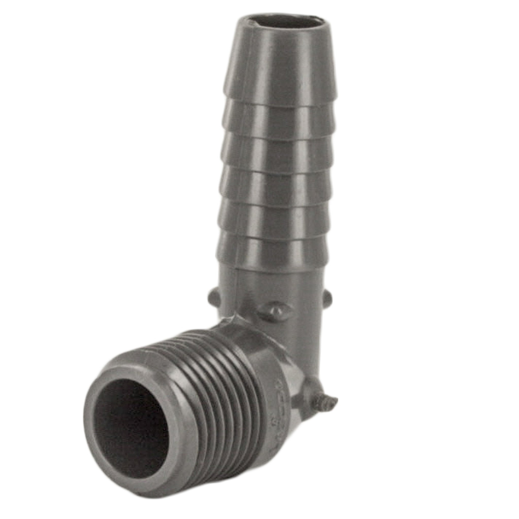 Packaged 3/4-inch combination elbow (Insert x MIPT) on white background, showing scale and part geometry.