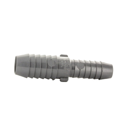 Gray PVC 3/4 in x 1/2 in insert reducing coupling shown front view; barbed insert ends visible on white background.