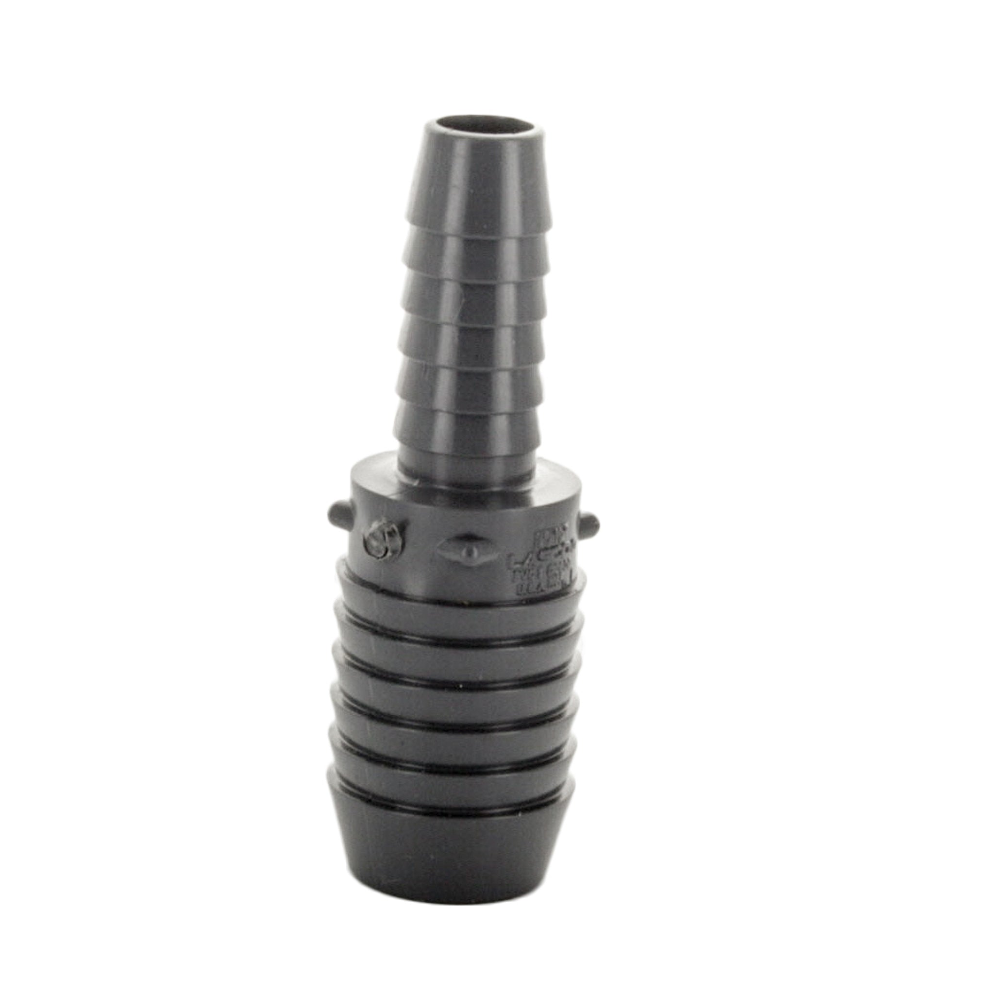 Gray PVC 1" x 1/2" insert reducing coupling shown on white background; clear view of barbed insert ends and body profile, suitable for irrigation lines.