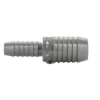 Packaged and angled view of gray PVC reducing coupling 1" x 1/2" emphasizing insert connections and compact, durable PVC body for irrigation use.