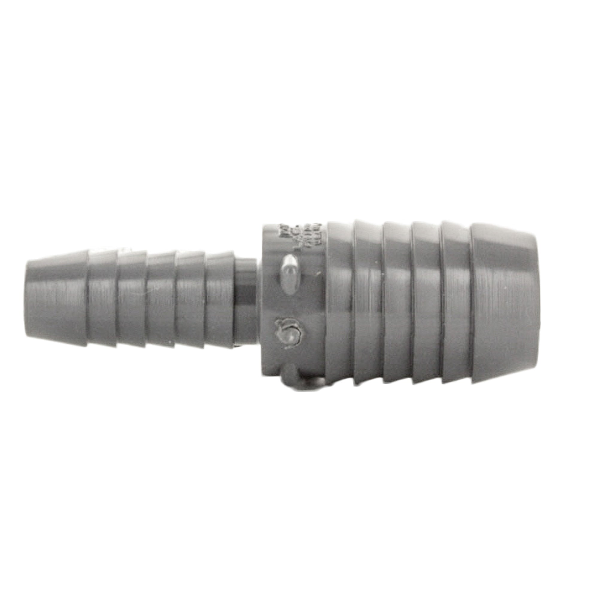 Packaged and angled view of gray PVC reducing coupling 1" x 1/2" emphasizing insert connections and compact, durable PVC body for irrigation use.