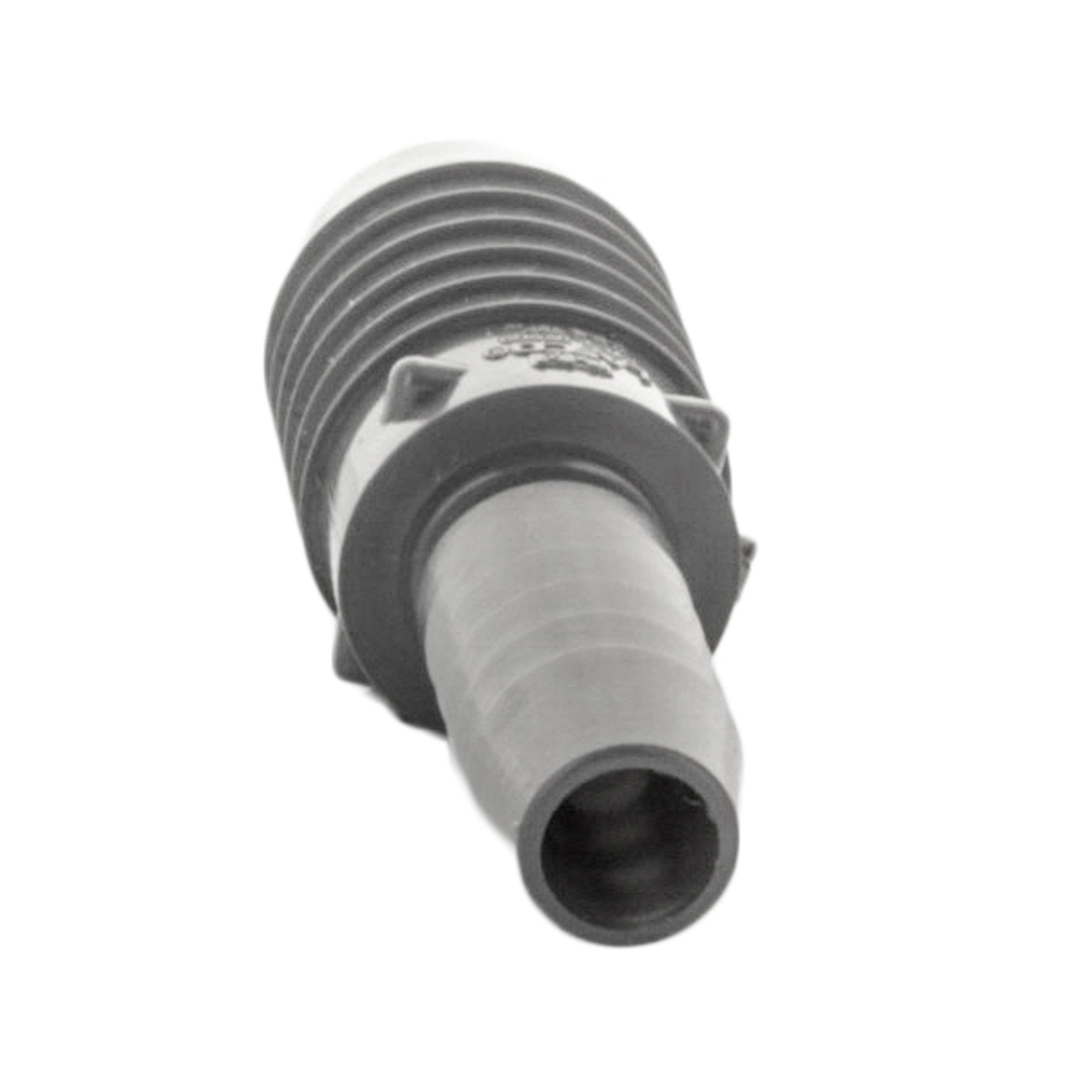 Close-up of barbed insert detail on gray PVC 1" x 1/2" reducing coupling highlighting the ribs that secure flexible tubing when clamped.