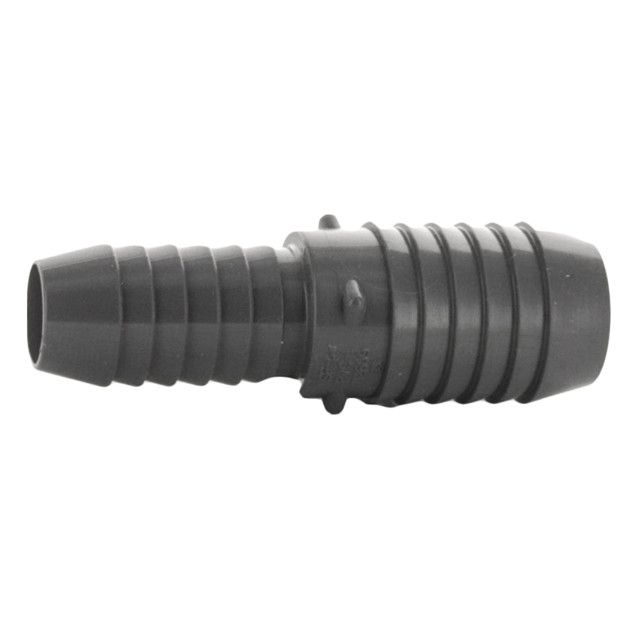 Front view of a PVC barbed insert reducing coupling showing 2" to 1-1/2" barbed ends for hose connections and clamp locations.