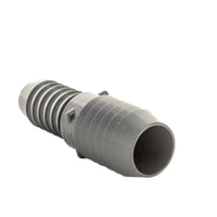 Side-angle close-up of PVC reducing coupling highlighting the molded barbs, smooth exterior, and part marking area on the body.