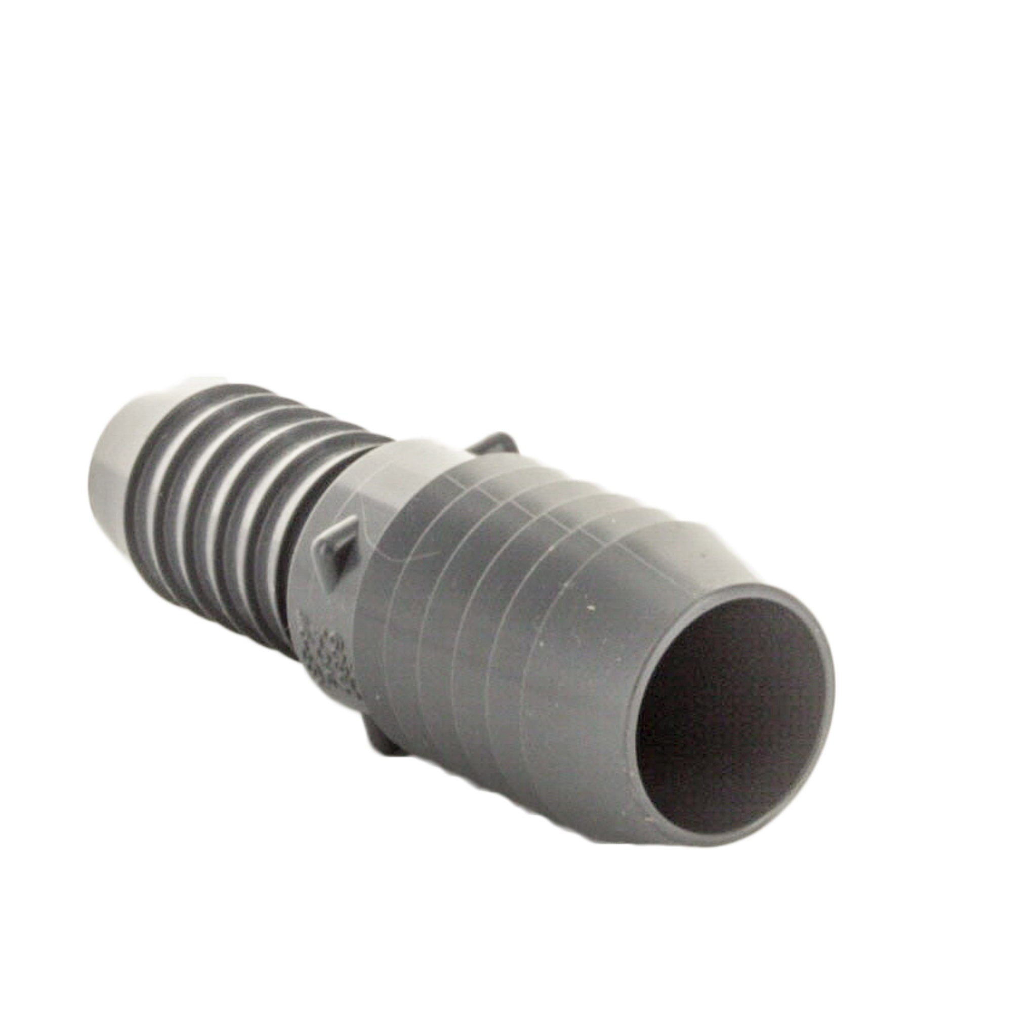 Side-angle close-up of PVC reducing coupling highlighting the molded barbs, smooth exterior, and part marking area on the body.
