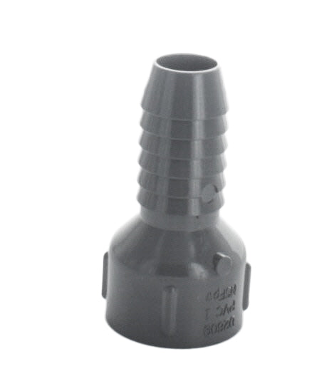 Front view of 3/4 in PVC insert female adapter (1435-007) showing barbed insert side and female threaded FPT end on white background.