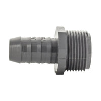 Angled view of Lasco 1436-131 PVC reducing adapter illustrating the 1" MNPT threads and 3/4" insert socket with smooth PVC body.
