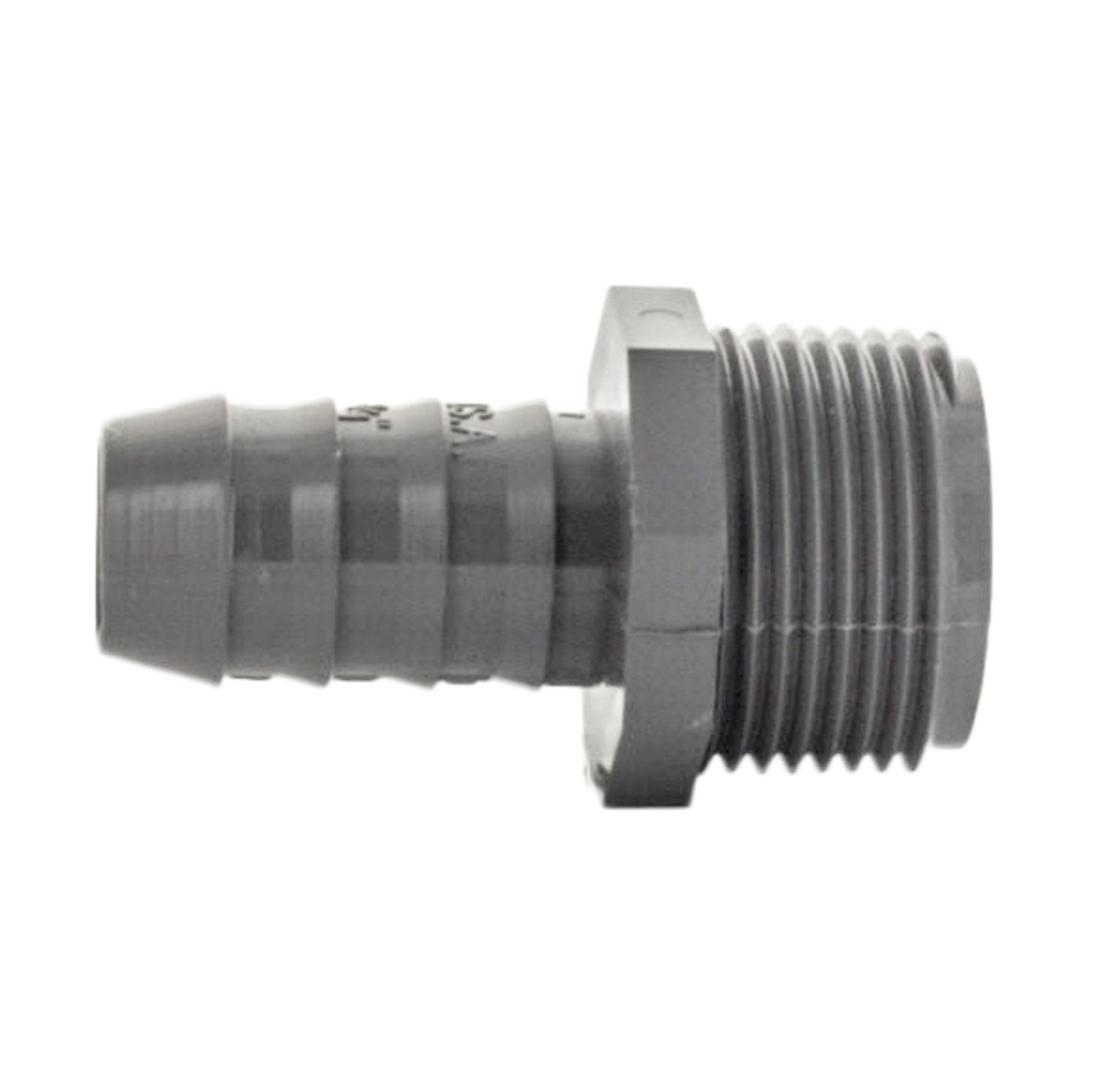Angled view of Lasco 1436-131 PVC reducing adapter illustrating the 1" MNPT threads and 3/4" insert socket with smooth PVC body.