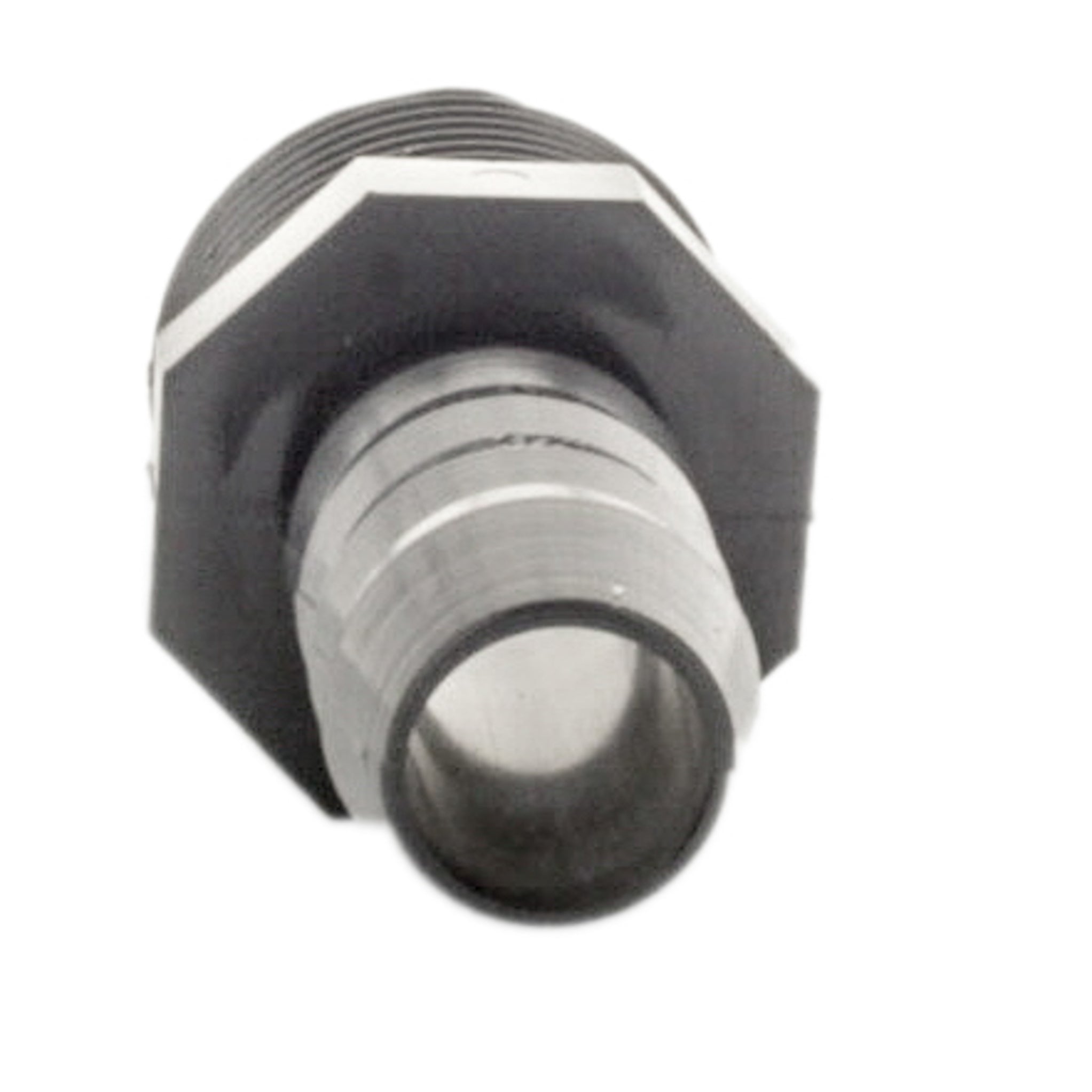 Close-up of Lasco 1436-131 adapter, highlighting the molded PVC construction and the reducing profile from 1" to 3/4" insert connection.