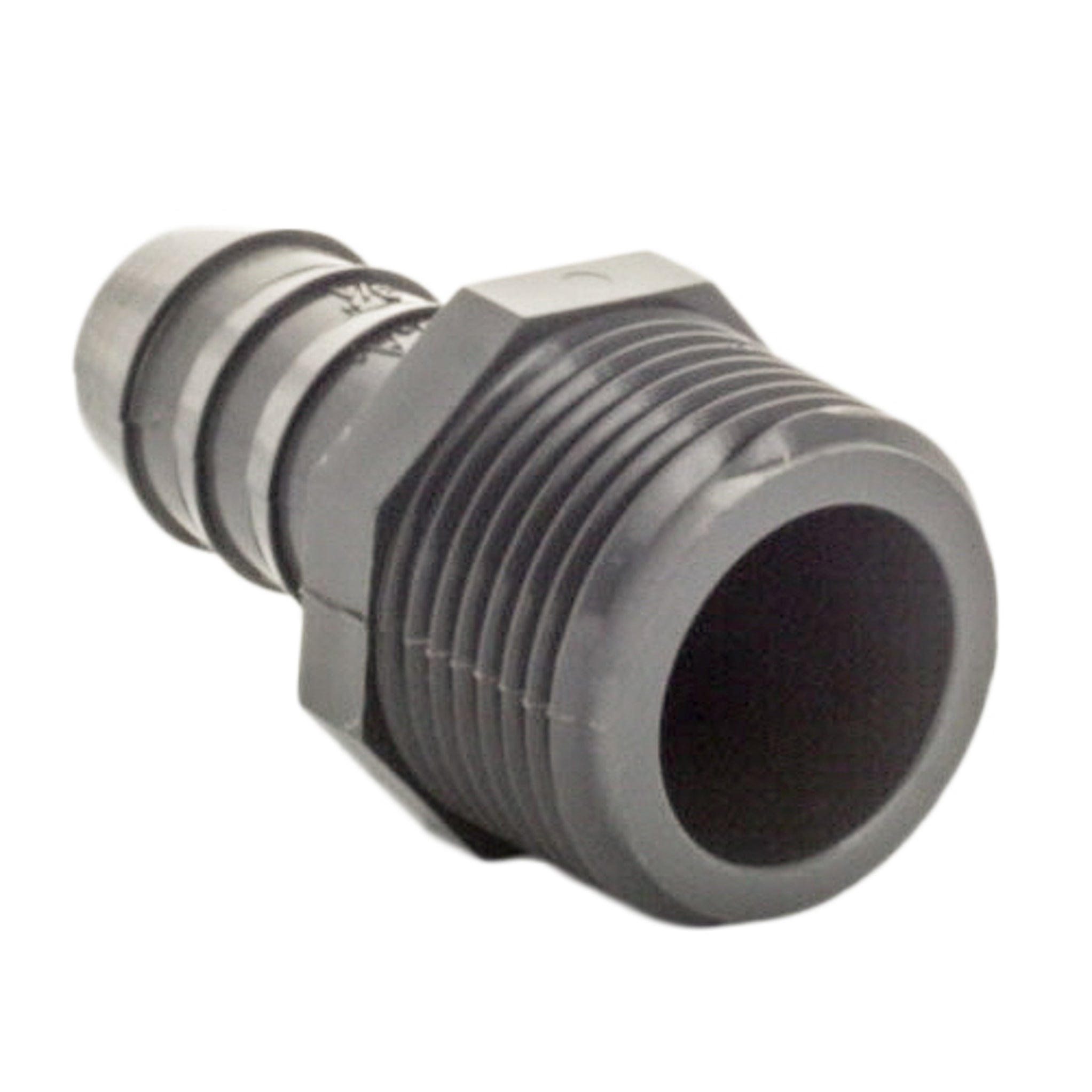 Side view of Lasco 1436-131 PVC reducing male adapter showing overall length and the relation between MNPT threads and insert end.