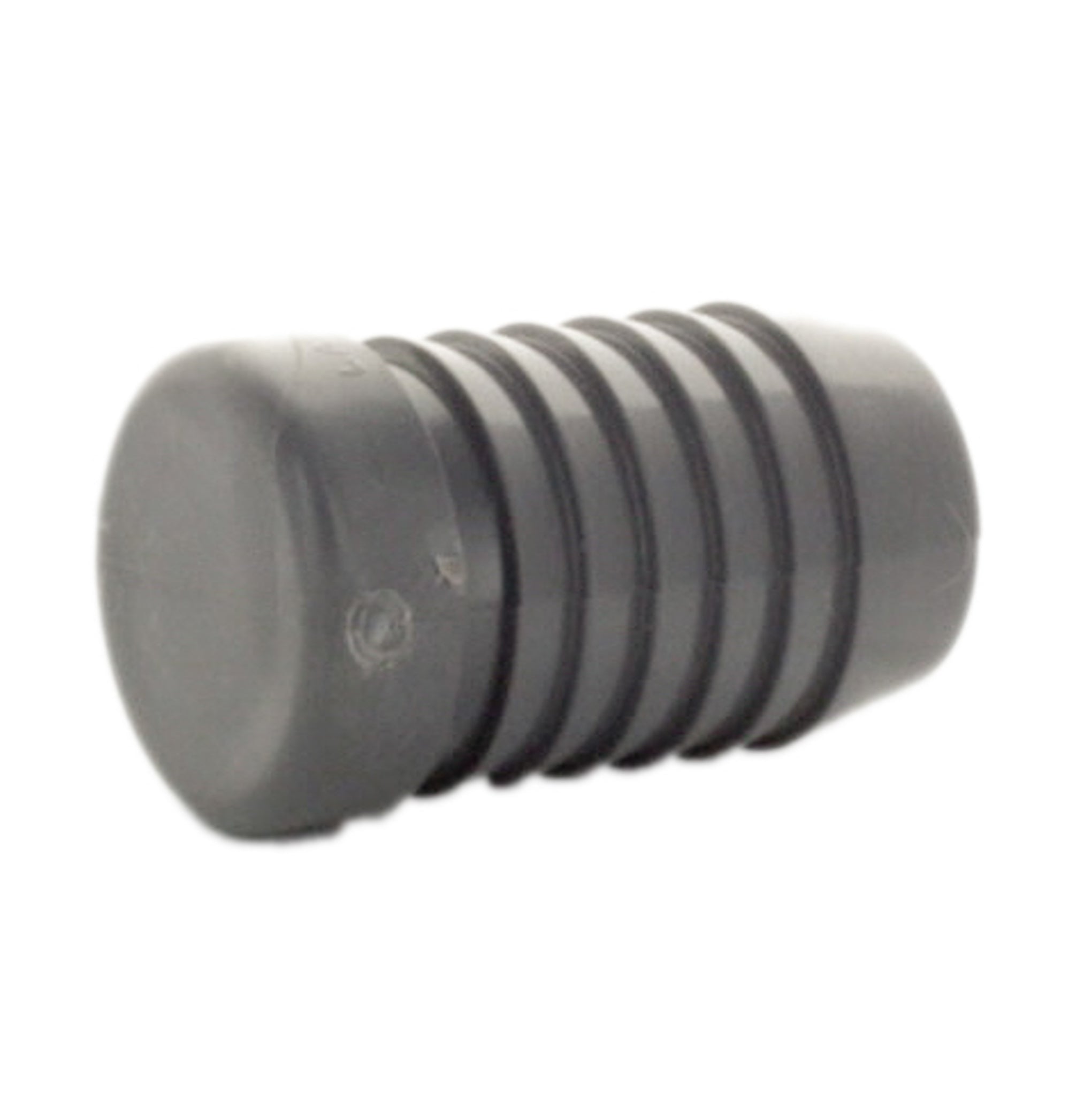 Angled photo of LASCO 1449-010 insert plug showing the insertion barb and gray PVC finish, intended for irrigation, potable water, and pool/spa applications.
