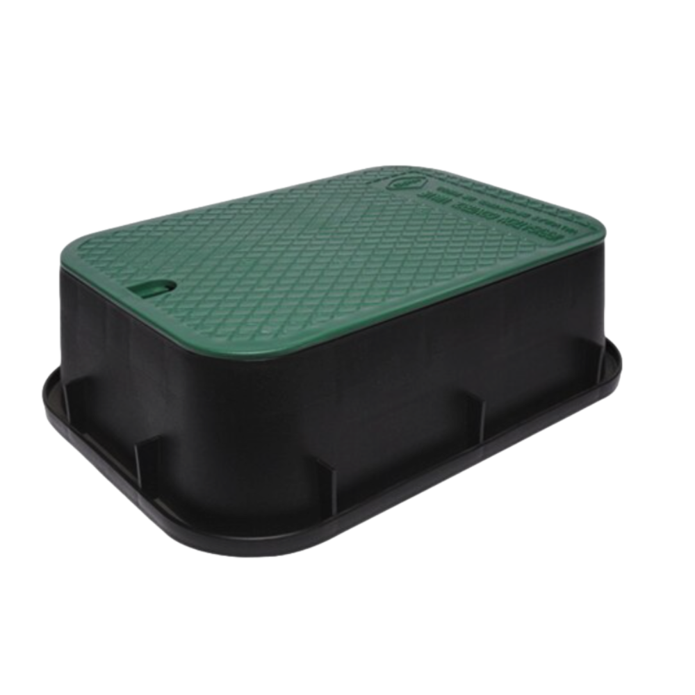 Dura 15 x 21 x 6 inch rectangular valve box with black body and green overlapping lid, front view on a white background, product image.