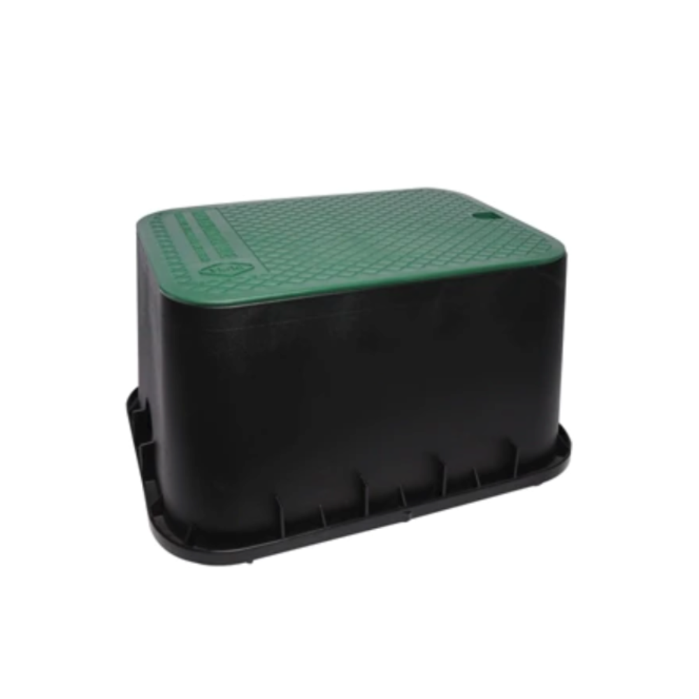 Dura 15 x 21 x 12 inch rectangular valve box with black body and green lid, top-down view showing lid and top opening dimensions.