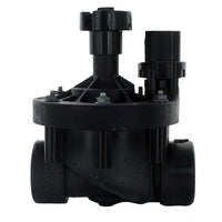 Front perspective of Rain Bird 150PEB 1.5-inch plastic industrial irrigation globe valve showing solenoid, flow-control handle, and body details.