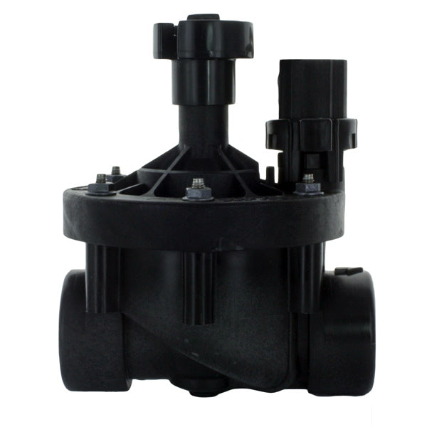 Front perspective of Rain Bird 150PEB 1.5-inch plastic industrial irrigation globe valve showing solenoid, flow-control handle, and body details.