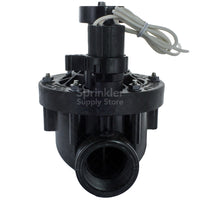 Top and side view of Rain Bird 150PEB 1.5-inch valve highlighting the one-piece solenoid, bonnet, and molded stainless steel studs.