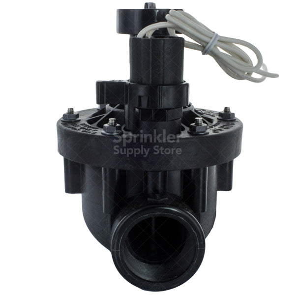Top and side view of Rain Bird 150PEB 1.5-inch valve highlighting the one-piece solenoid, bonnet, and molded stainless steel studs.