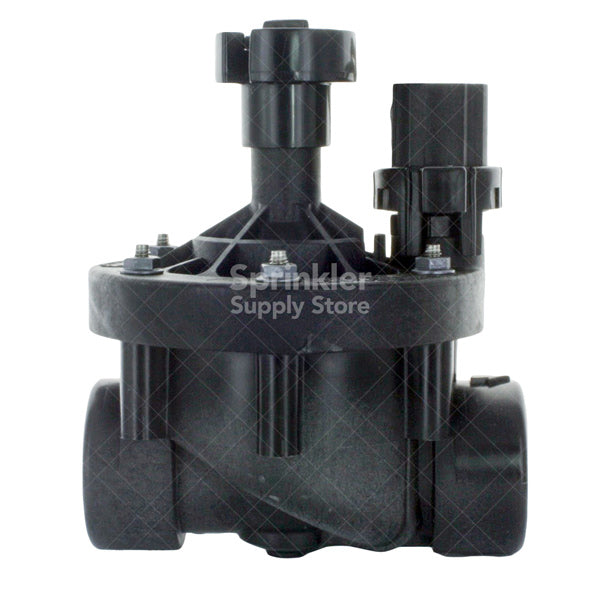 Rain Bird 150PESB 1-1/2-inch industrial plastic globe valve, glass-filled nylon body with scrubber, angled front view showing solenoid and bonnet (product photo).