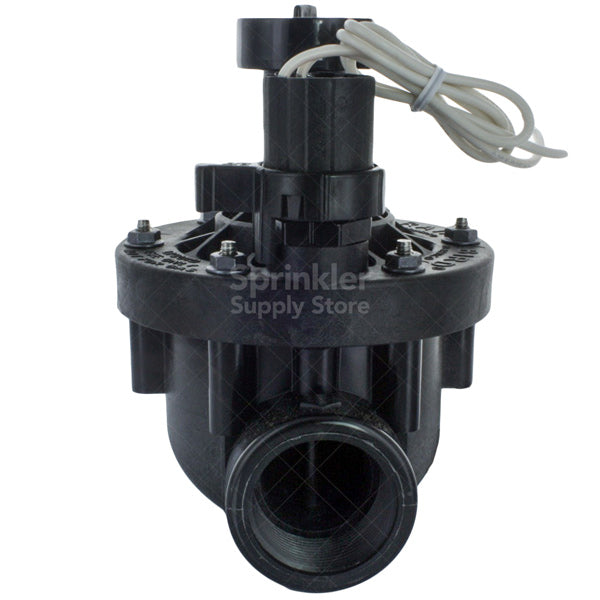 Close-up of Rain Bird 150PESB valve showing patented nylon scrubber and stainless-steel screen area, plastic bonnet and solenoid mounting (product photo).