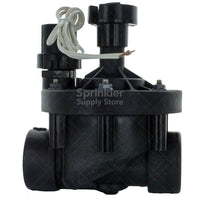 Top and side view of Rain Bird 150PESB 1-1/2-inch valve illustrating glass-filled nylon body, solenoid and flow-control handle (product photo).