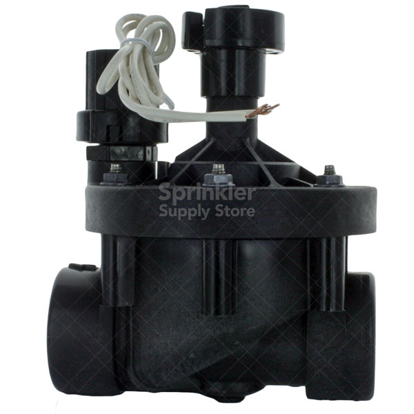 Top and side view of Rain Bird 150PESB 1-1/2-inch valve illustrating glass-filled nylon body, solenoid and flow-control handle (product photo).