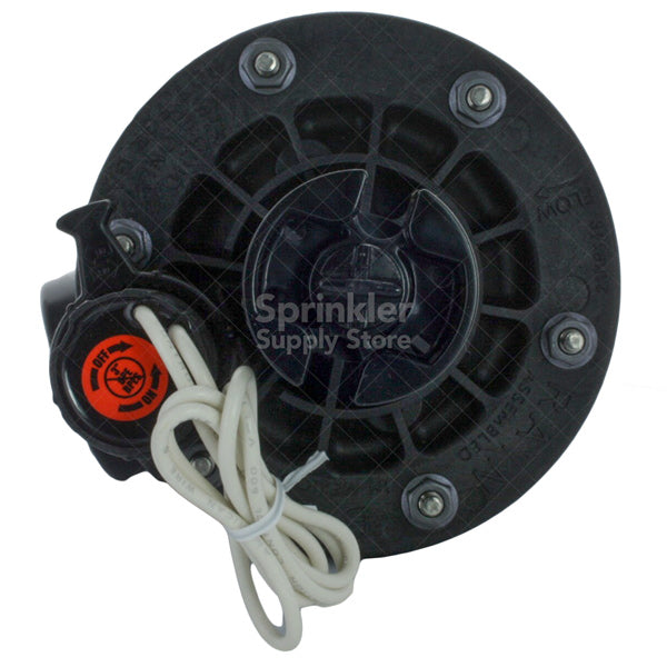 Rain Bird 150PESB valve installed with visible inlet/outlet ports and valve body, demonstrating compact 8x6x6-inch footprint (product photo).