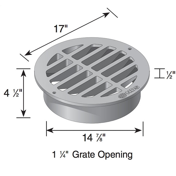 Angled profile of NDS 15 in. green round drain grate (SKU 1512), showing side height, edge detail, and inlet connection area.