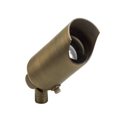 Kichler 15384CBR 12V mini MR16 accent uplight in Centennial Brass, front view showing clear flat glass and brass housing.