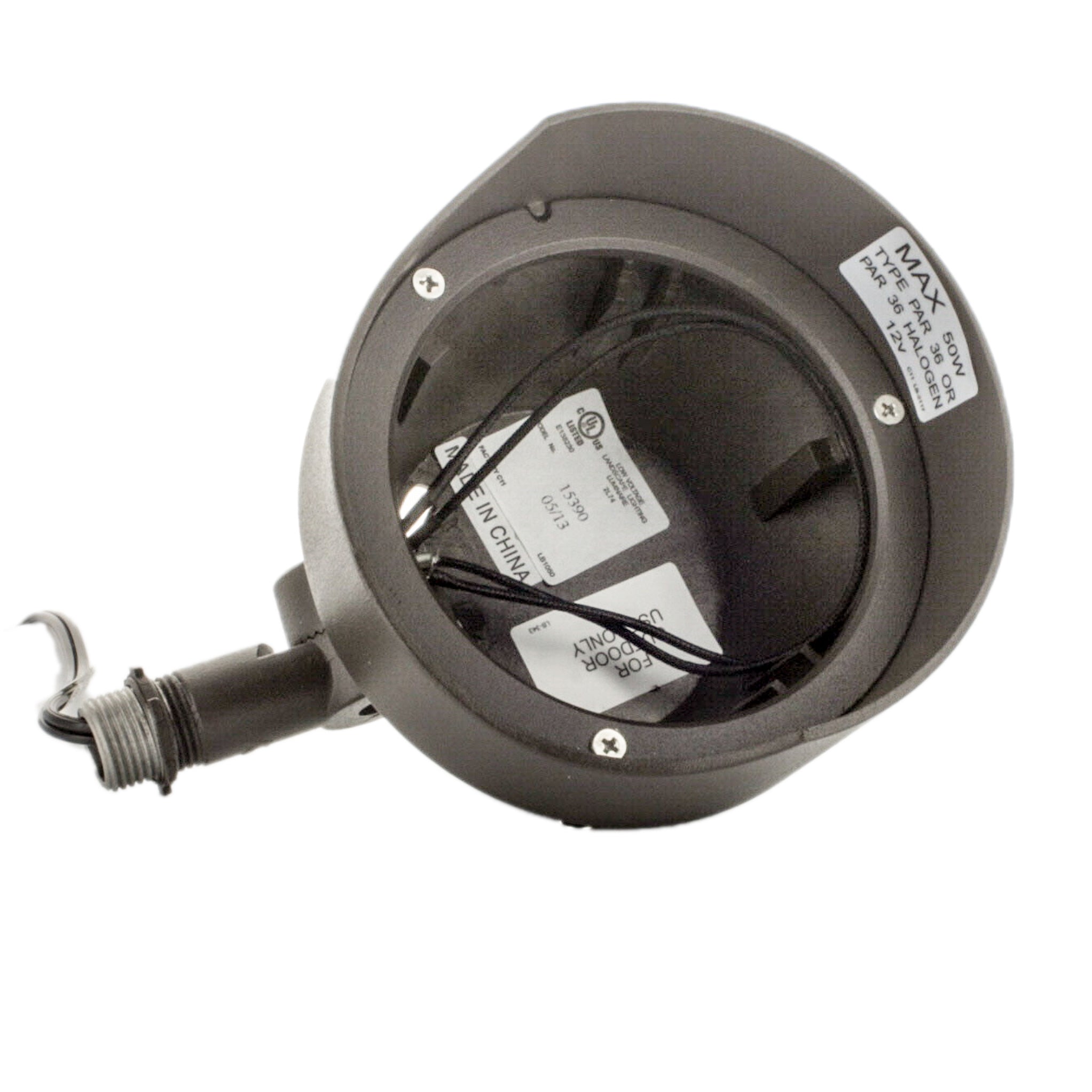 Close-up of the Kichler 15390AZT head showing the PAR36 aperture, clear lens, and durable cast-aluminum construction in bronze.