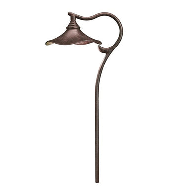 Kichler Cotswold 15422AGZ 12V path and spread light in Aged Bronze, front view showing curved cap and slender stem.