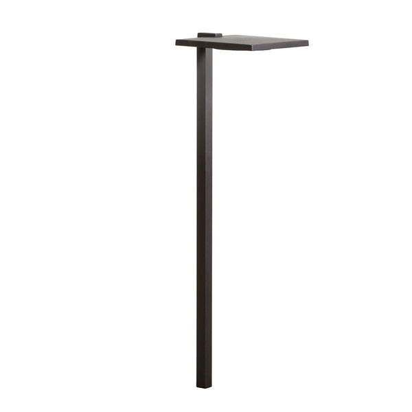 Kichler Shallow Shade small LED path light in textured black; cast aluminum housing, 23.75 inches tall and 6 inches wide, shown on white background.