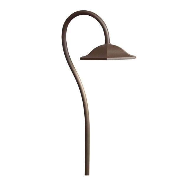 Kichler 15807AZT30R Shepherd's Crook LED path light in textured architectural bronze, side view showing curved crook and integrated LED head (approx. 27.5" tall).