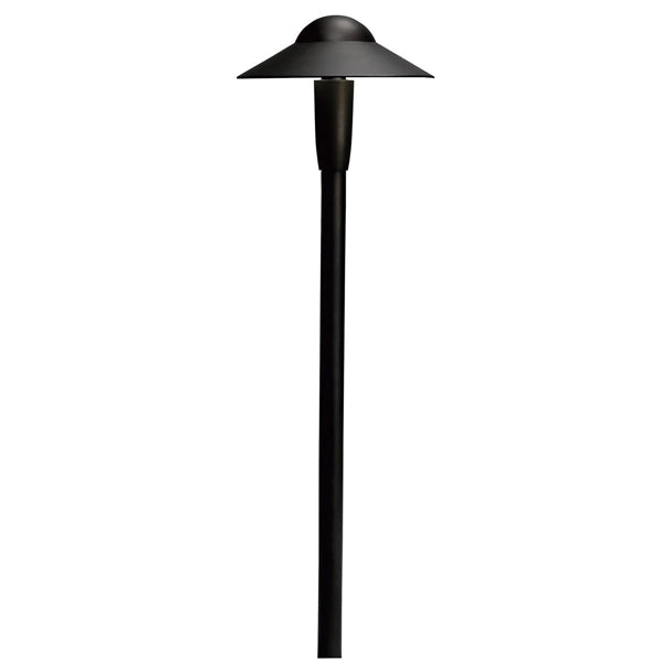 Textured black Kichler 6-inch dome LED path light on white background, showing slim dome shade, cast-aluminum housing and 22-inch stake for landscape placement.