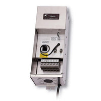 Front and side view of Kichler 15PR300SS 300W 12V stainless steel landscape transformer showing housing, mounting points, and lead wire.